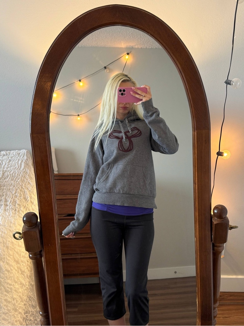 TNA Gray Hooded Sweatshirt with White Sherpa Lining and Maroon Embroidery